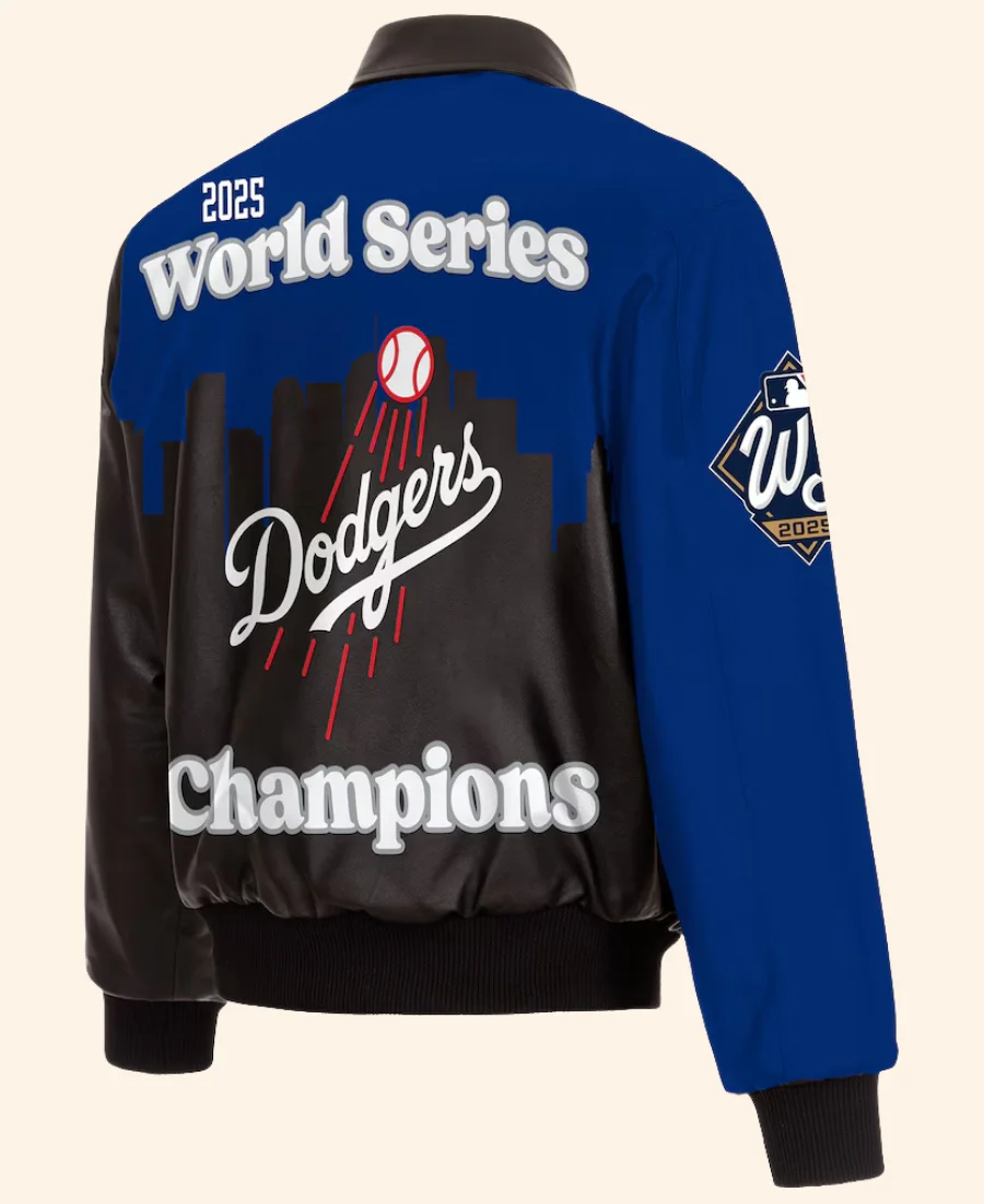 Los Angeles Dodgers Royal 2025 World Series Champions Leather Jacket Back Image