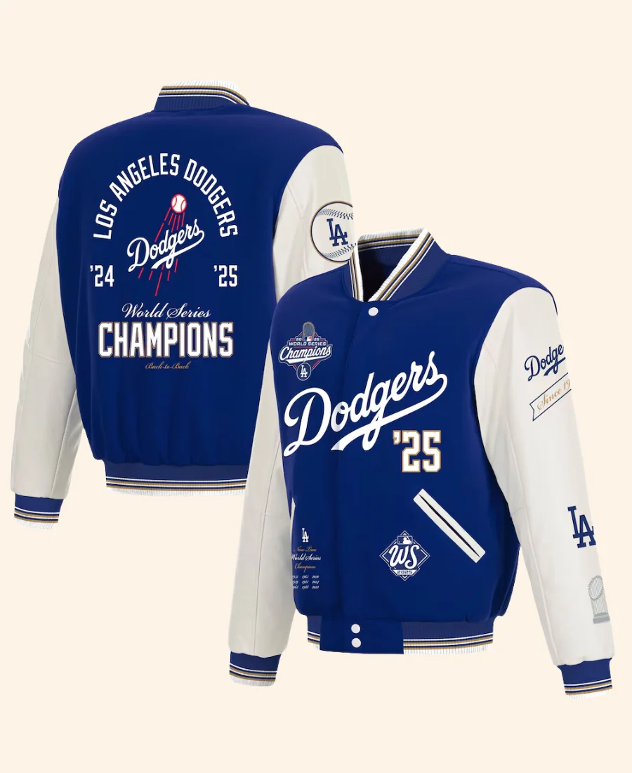 Los Angeles Dodgers Royal 2025 World Series Champions Varsity Jacket Front And Back Image