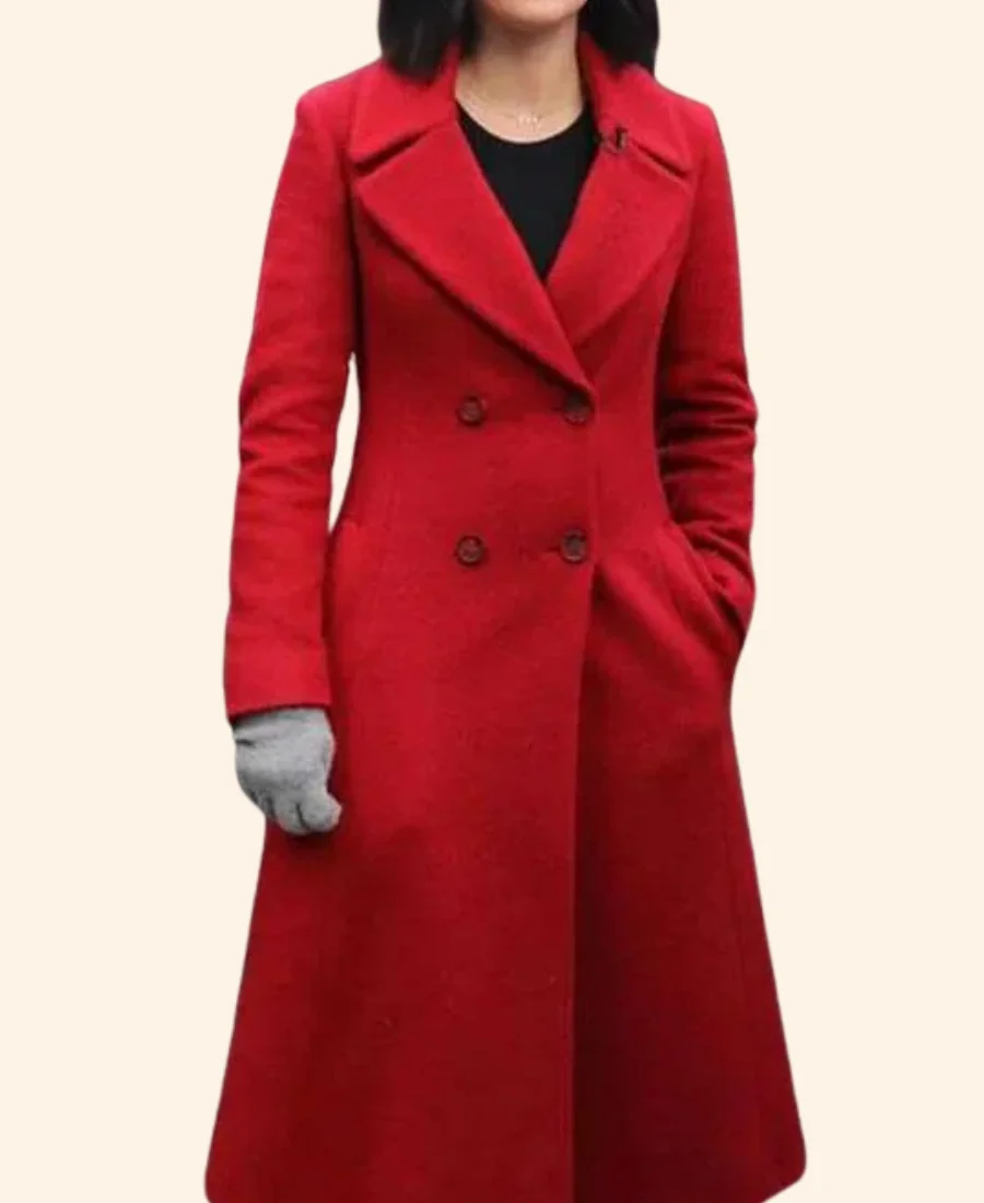 Lucy Hale Christmas Trench Coat Front Image