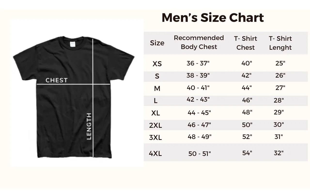Mens T shirt Size Chart