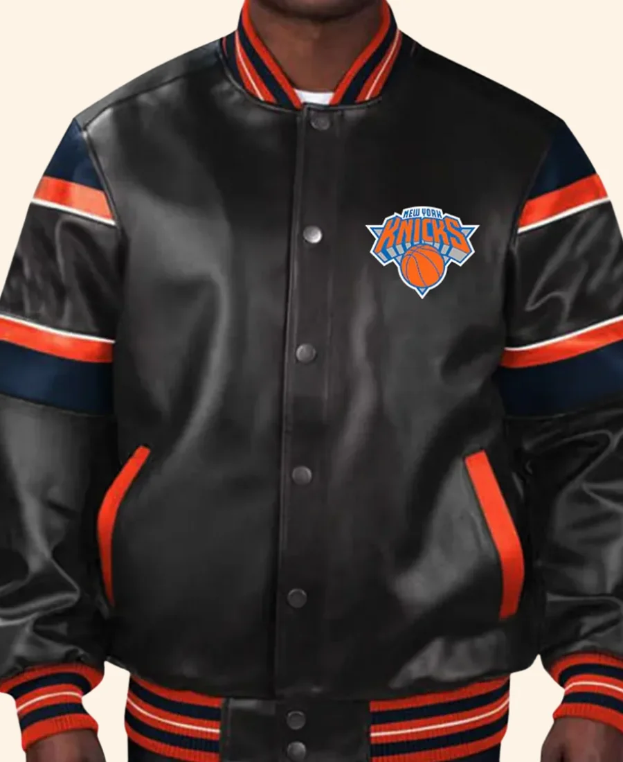 NY Knicks Leather Varsity Jacket Front Image