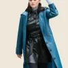 NYC 2025 Selena Gomez Blue Leather Trench Coat Front