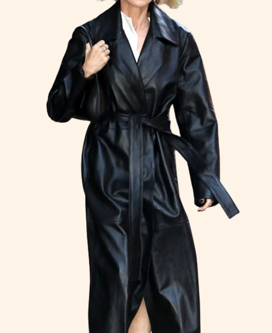 Naomi Watts NYC 2025 Black Leather Trench Coat Front