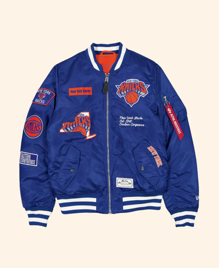 New York Knicks Alpha MA-1 Bomber Jacket Blue Front Image
