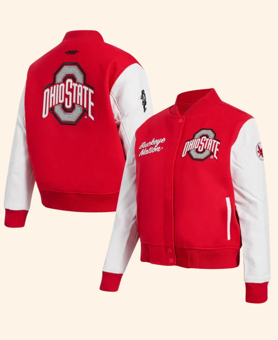 Ohio State University Letterman Varsity Jacket Red Front & Back Image