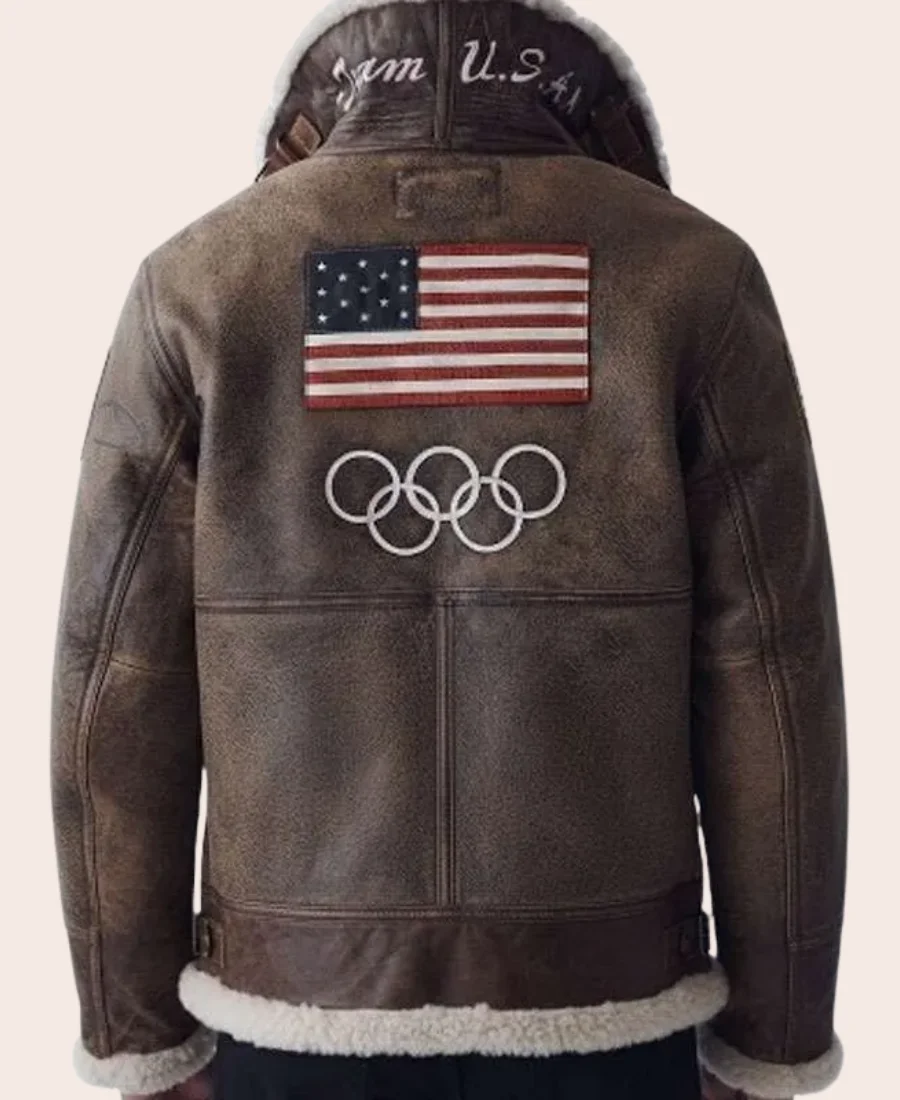 Olympics 2026 Team USA Brown Leather Pilot Jacket Back Image