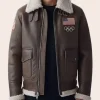Olympics 2026 Team USA Brown Leather Pilot Jacket Front Image