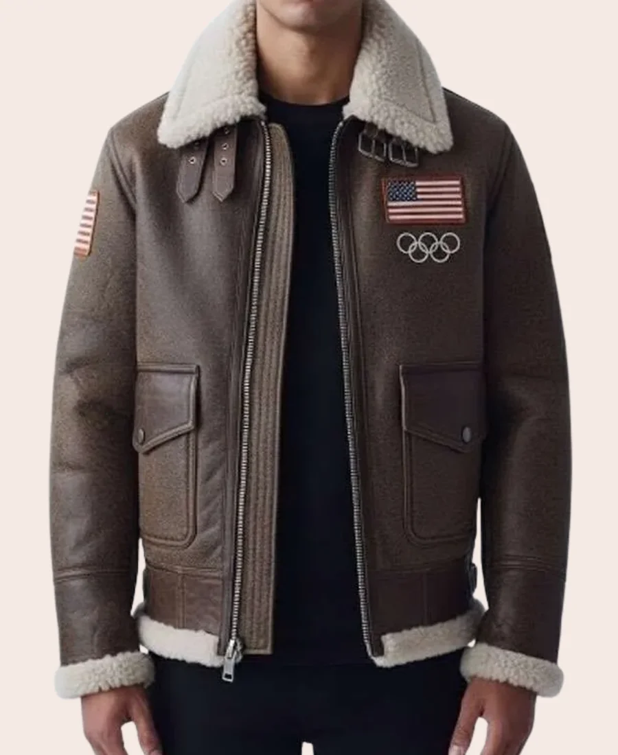 Olympics 2026 Team USA Brown Leather Pilot Jacket Front Image