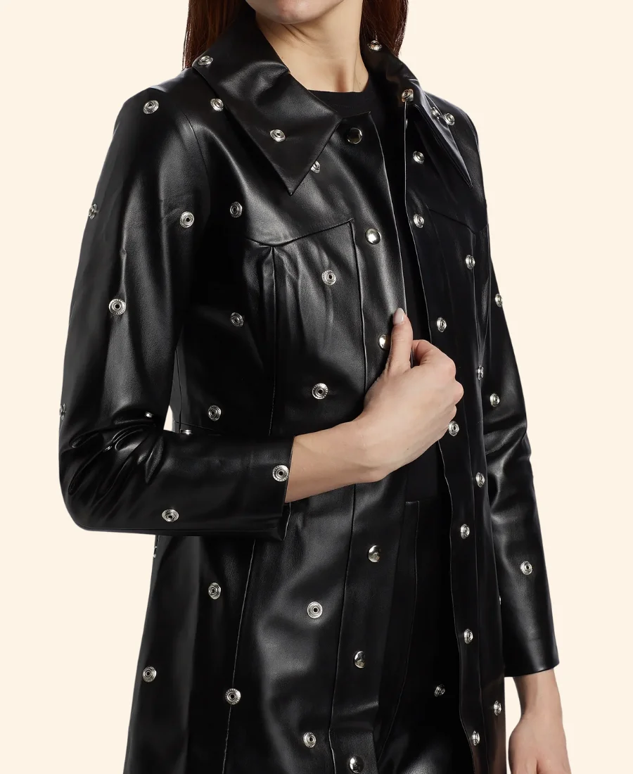 Only Murders In The Building S05 Mabel Mora Grommet Leather Coat Close Image