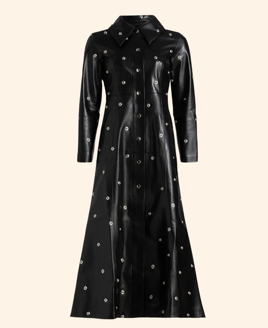 Only Murders In The Building S05 Mabel Mora Grommet Leather Coat Front Image