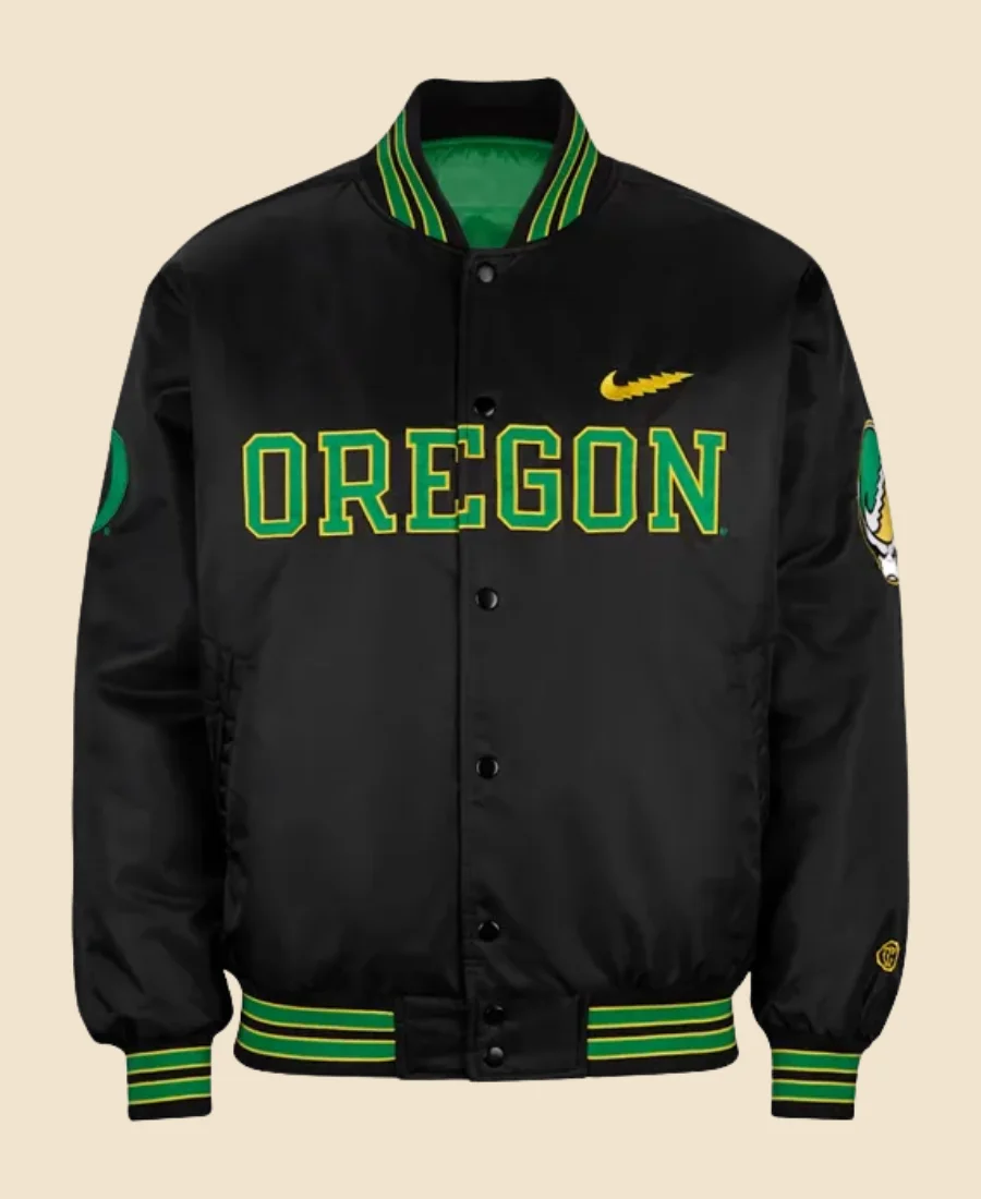 Oregon Ducks Dan Lanning Satin Varsity Jacket Front Image