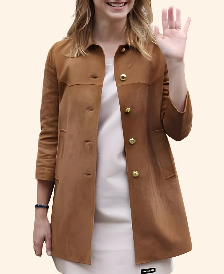 Paris Fashion Week 2026 Emma Watson Suede Leather Coat Front Image