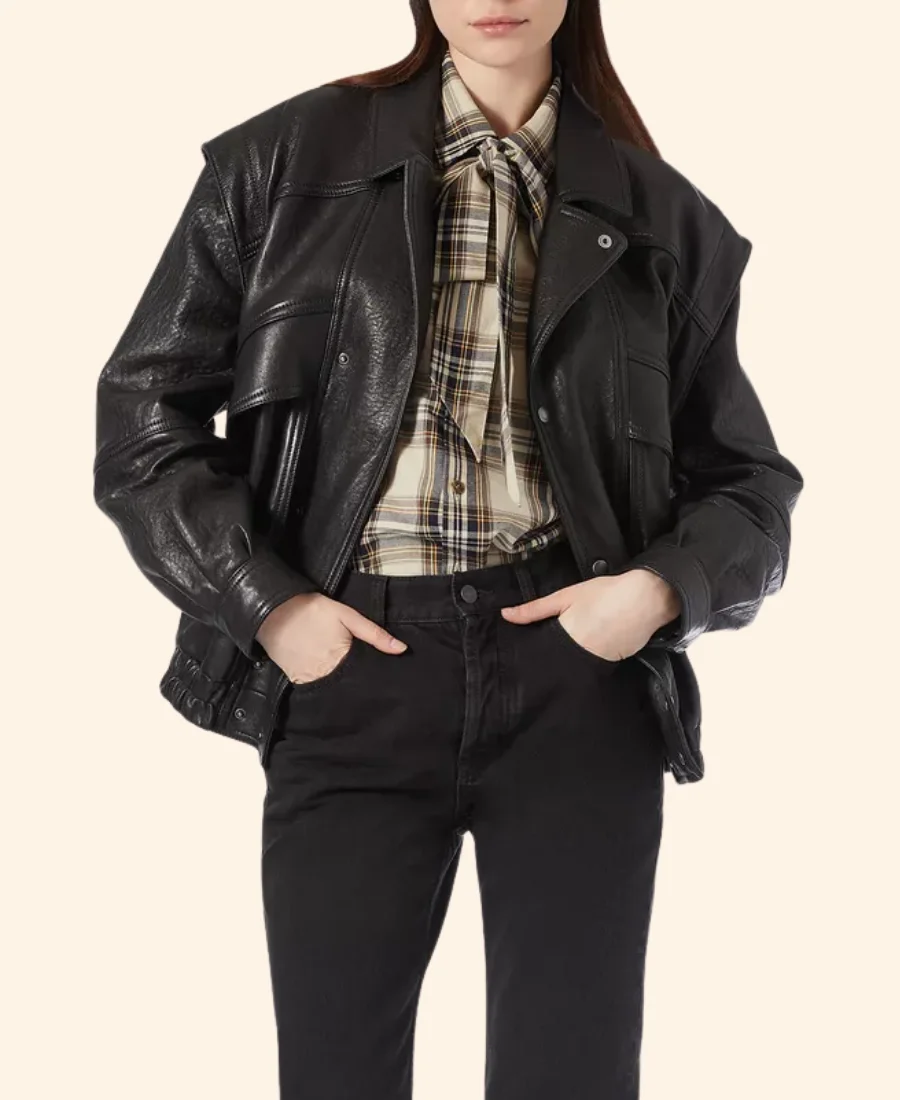 Paris Fashion Week Cristin Milioti Leather Jacket Closure Front Image