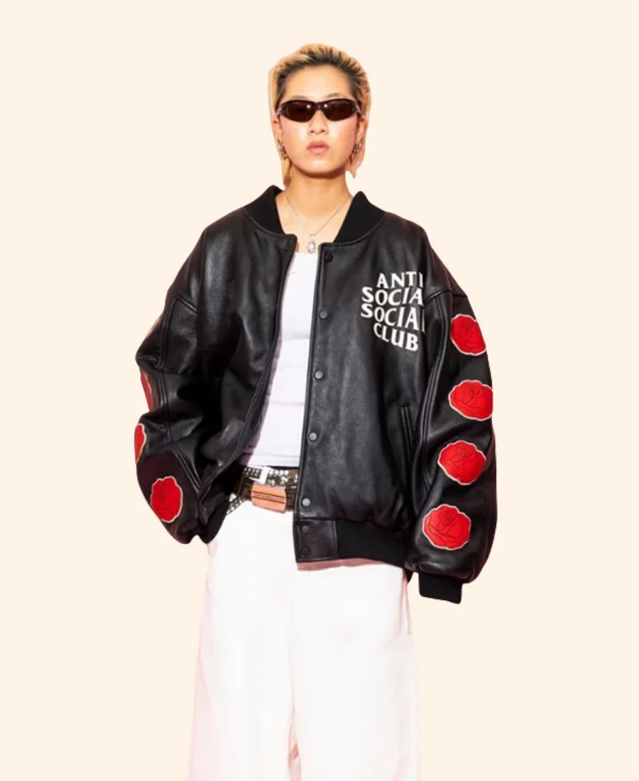 Petal To The Metal Leather Varsity Jacket Front