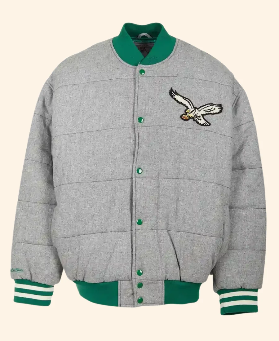 Philadelphia Eagles Grey Varsity Jacket Front Image