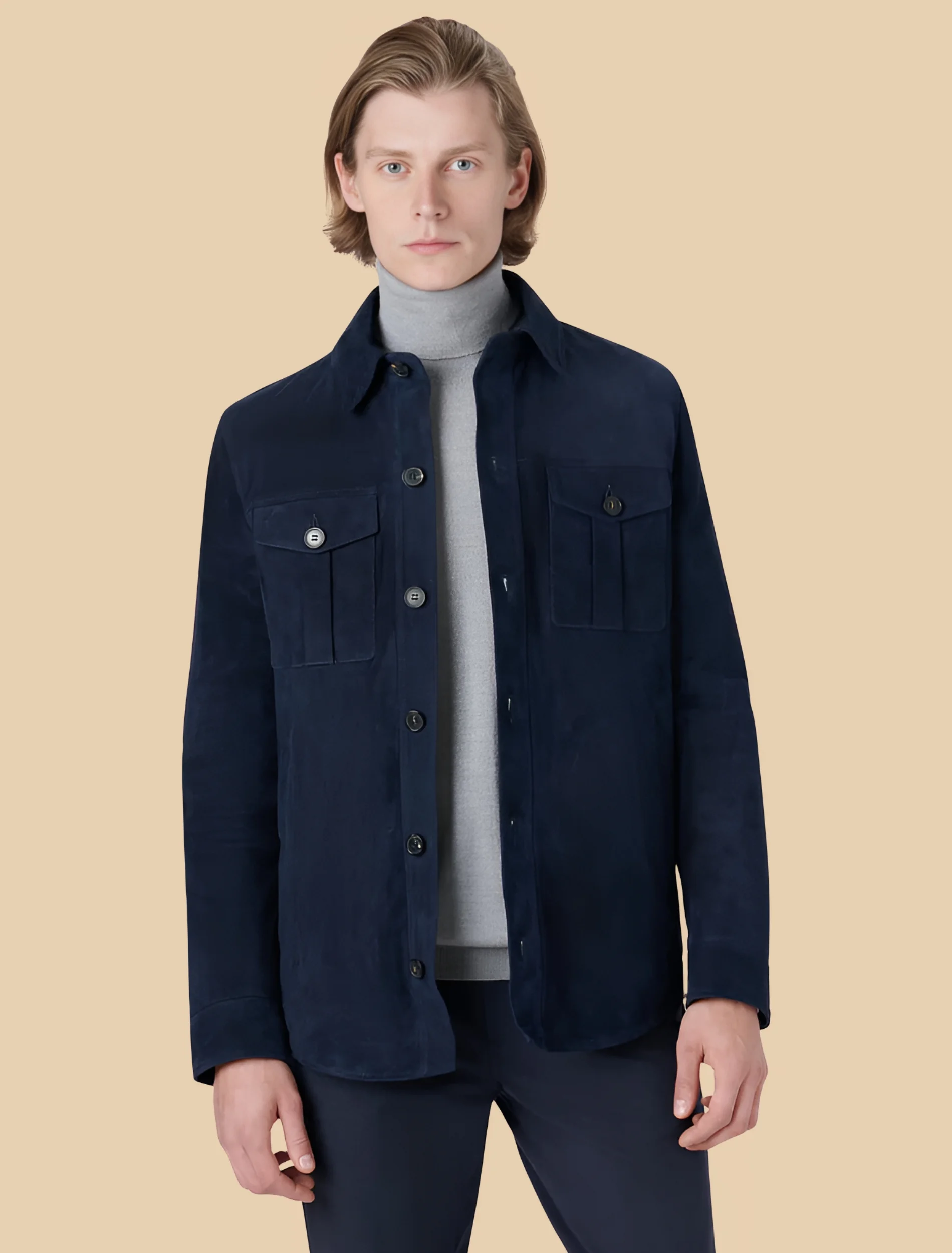 Classic Dark Blue Suede Leather Shirt