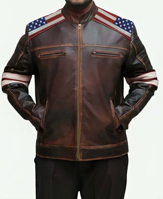 American Flag Distressed Brown Moto Jacket
